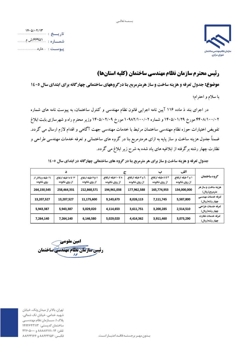 جدول تعرفه و هزینه ساخت و ساز